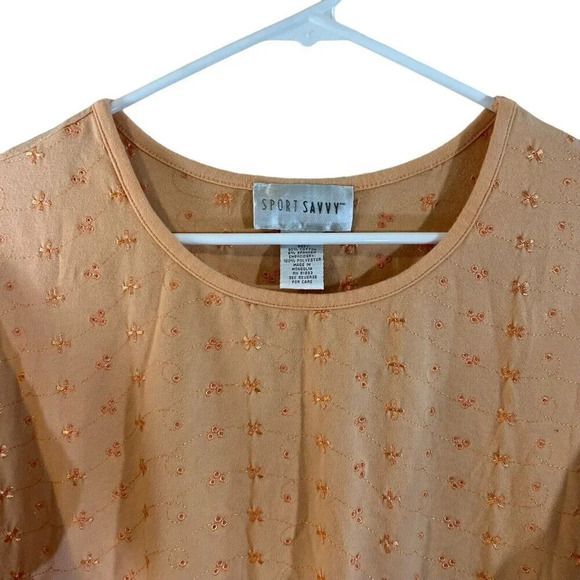 Sport Savvy Peach Embroidered T Shirt Plus 2X Stretch Cotton Knit Pullover Top - Picture 3 of 5